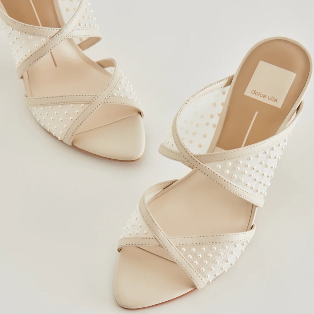 Dolce Vita Pearl-Embellished Cream Strappy Heels